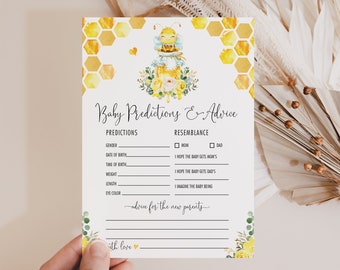 Predicciones y consejos Baby Shower de abejas, Consejos para padres, Juego de baby shower de abejorros, Descarga imprimible de abejas de miel floral amarilla, BEE1