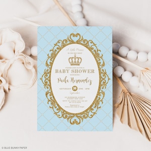 Convite para chá de bebê do Príncipe Real, convite para menino com coroa de ouro azul, modelo EDITÁVEL do Pequeno Príncipe para impressão, download instantâneo, BG2