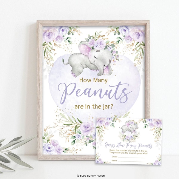 Guess How Many Peanuts, Girl Elephant Baby Shower Game, Purple Lilac Gold Floral Jungle Elephant Printable Game, Instant Download, EL23