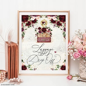 Gepäck Drop Off, Vintage Reise Brautparty, Burgund Blush Destination Hochzeit Dekorationen, Aquarell Blumen Printable Download, TRA6