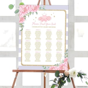 Ballerina zitplaatsen grafiek sjabloon, ballet baby shower zitplaatsen plan afdrukbare, Tutu schattige verjaardag BEWERKBARE download, paars roze goud, BAL2