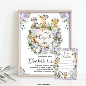 Purple Floral Jungle TIME CAPSULE, Girl Safari Animals First 1st Birthday Party Décorations, Wild One Advice Card EDITABLE Template, JUN18