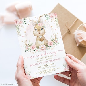 Editable Bunny Birthday Invitation Pink Floral Rabbit Party Invite Blush Gold Flower Garden Bunny Birthday Template Instant Download, BUN3