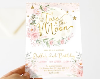Two the Moon 2nd Birthday Invitation, Moon and Star Girls Party Invite, Blush Pink Gold Floral Twinkle Twinkle EDITABLE TEMPLATE, MOON10