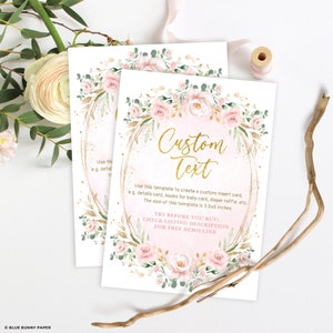 Blush Floral Baby-Dusche-Einsatz-Karte EDITIERBARE VORLAGE, rosa Blume süße Baby-Mädchen-Einschließungs-Karte, Boho Garten druckbare Download, FLO40