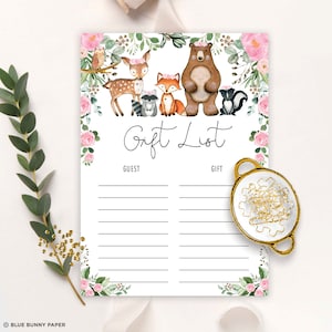 Meisje bos cadeau lijst afdrukbare kaart, bos dieren baby shower, verjaardagscadeau log, roze bloemen groen INSTANT DOWNLOAD, WOOD25