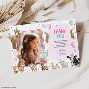Carte de remerciement modifiable d'anniversaire à la ferme animaux de la ferme rose fille cadeaux de fête d'anniversaire modèle de confettis ballon basse-cour téléchargement immédiat FARM3