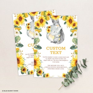 EDYTOWALNY szablon karty z wstawką Słonecznik, karta z wstawką na Baby Shower Letniego Słonia, żółta wkładka urodzinowa Wild One Floral, EL12