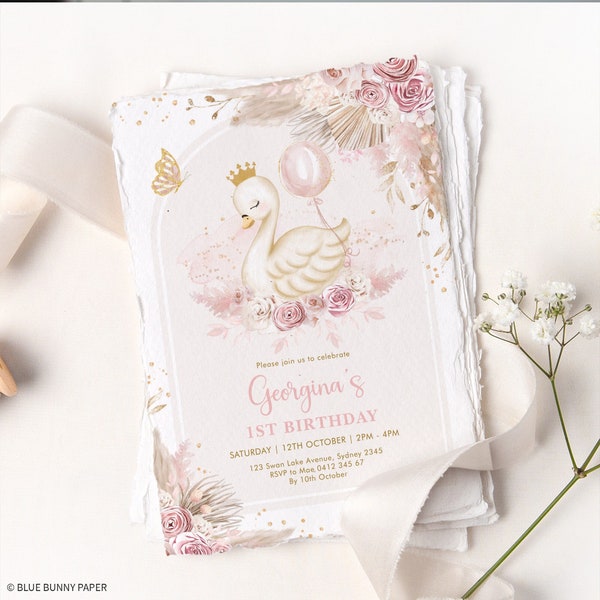 Editable Boho Swan Princess Birthday Invitation Template Blush Pink Gold Swan Theme Party Invite Swan with Balloon Template Download, SWAN4