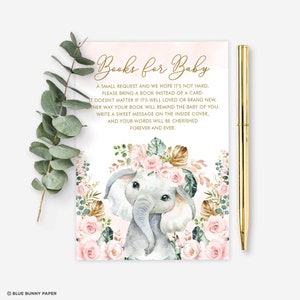 Boho Blush Elephant Baby Shower Libros para tarjeta de bebé, rosa floral traer una tarjeta de libro, jardín de flores tropicales imprimible DESCARGA INSTANTÁNEA, EL1
