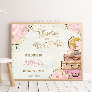 Cartello di benvenuto per addio al nubilato da viaggio, mappa vintage Miss to Mrs Destination Wedding Shower Poster, modello modificabile floreale oro rosa cipria, TRA3