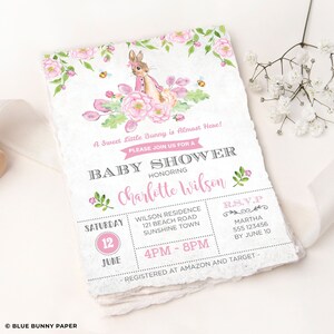 Editable Baby Shower Invitation Girl Bunny Spring / Summer Garden Tea Party Pink Watercolor Flowers Cottage Chic BUN5