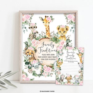 Mädchen Safari Familie Traditionen Zeichen & Notizkarte. Blumen Dschungel Baby Shower Spiele Herunterladen. Pink Flower Greenery Wild Animals Printable. JUN16