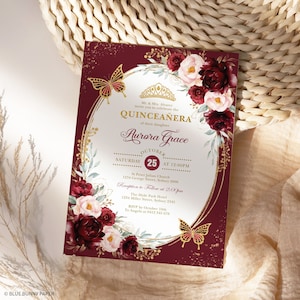 Editable Burgundy Red Quinceanera Invitation Blush Floral Mis Quince 15 Anos Sweet 16 Princess Tiara Printable Instant Download Corjl FLO24