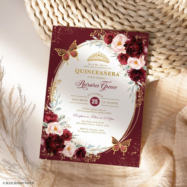 Editable Burgundy Red Quinceanera Invitation Blush Floral Mis Quince 15 Anos Sweet 16 Princess Tiara Printable Instant Download Corjl FLO24