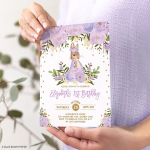 Lila Blumen Hase Geburtstagseinladung, Mädchen Hase Party einladen Wald Hase EDITIERBARE VORLAGE druckbare Corjl Instant Download, FLO18DB