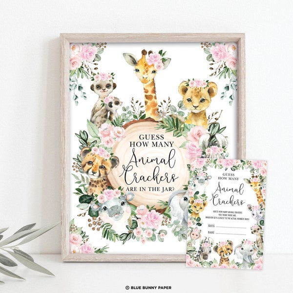 Guess How Many Animals Crackers Game Sign, Girl Safari Jungle Baby Shower Games, Wild Animals Pink Floral Printable INSTANT DOWNLOAD, JUN16