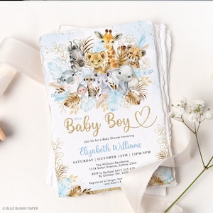 Boy Boho Safari Baby Shower Invitation, Blue Gold Jungle Animals Invite, Tropical Leaves Printable Download EDITABLE TEMPLATE, JUN17B