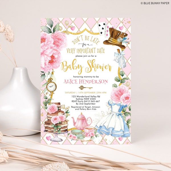 Pink Gold Alice in Wonderland Baby Shower Invitation, Floral Mad Hatter Tea Party Invite, Editable Template Instant Download, AL3