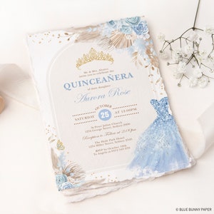 Modello di invito Boho Baby Blue Quinceañera, fiori blu pastello Mis Quince 15 Anos compleanno invito stampabile Download immediato, FLO8