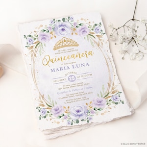 EDITABLE Quinceañera Invitation Template, Purple Floral Mis Quince Anos 15th Birthday Invite, Lavender Gold Princess Tiara Party, FLO42