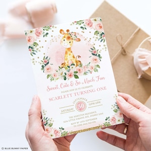 Meisje Giraffe verjaardagsuitnodiging, Blush Pink Flower Jungle Animal Baby Girl uitnodigen, Wild One Party bewerkbare sjabloon, Instant Download, GI5