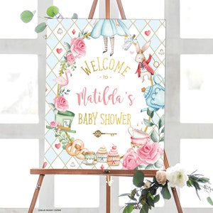 Alice in Wonderland Baby Shower Welcome Sign Blue Pink Gold Mad Tea Party Alice in Onederland 1st Birthday Decorations EDITABLE TEMPLATE AL1