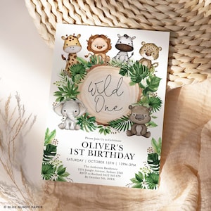 Invitación de cumpleaños de Safari Wild One, invitación a fiesta de animales de la selva, plantilla editable imprimible de primer cumpleaños de niño de vegetación tropical, SAF9