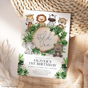 Safari Wild One Birthday Invitation, Jungle Animals Party Invite, Tropical Greenery Boy 1st Birthday Printable EDITABLE TEMPLATE, SAF9 image 1