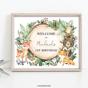 Cartello di benvenuto per il compleanno del bosco nel verde MODIFICABILE, modello di decorazione stampabile per cuccioli di animali della foresta rustica Download istantaneo, WOOD27