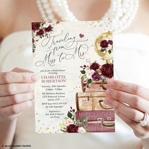 Vintage Traveling Fräulein Frau Brautparty Einladung, Reise Karte Globe Hochzeit, Burgund Blush Floral, EDITIERBARE VORLAGE, TRA6