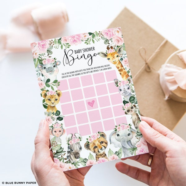 Girl Jungle Bingo Baby Shower Game, Wild Safari Animals Baby Sprinkle Printable, Pink Blush Flowers INSTANT DOWNLOAD, JUN16