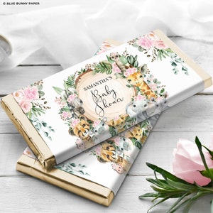 Girl Jungle Chocolate Bar Wrapper, Safari Animals Baby Shower Candy Bar Label, Wild One Pink Floral Birthday Favors EDITABLE TEMPLATE, JUN16