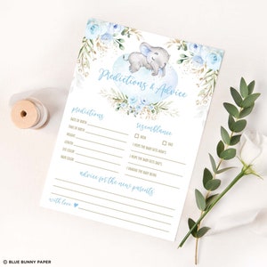 Éléphant prédictions et conseils jeu de douche de bébé, conseils pour les parents, éléphant endormi bleu or Floral imprimable téléchargement immédiat, EL18