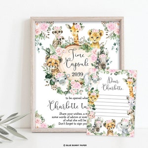 Girl Jungle TIME CAPSULE, Pink Floral Safari Animals First 1st Birthday Party Decorations, Wild One Advice Card EDITABLE Template, JUN16