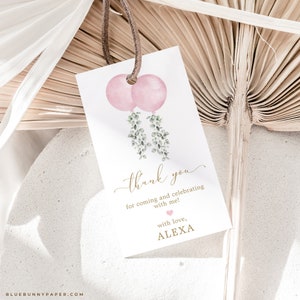 Bearbeitbare Zwillingsmädchen Rosa Luftballons Favor Tag Twin Babyparty Danke Gefälligkeiten Eukalyptus Greenery Geschenkanhänger Vorlage Sofortiger Download BL2