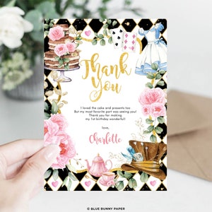 Biglietto di ringraziamento Alice nel Paese delle Meraviglie, Tea Party del Cappellaio Matto, Compleanno di Alice in Onederland, High Tea Baby Shower MODELLO MODIFICABILE Scarica, AL3
