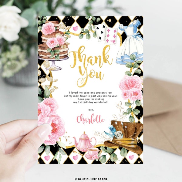 Alice in Wonderland Thank You Card, Mad Hatter Tea Party, Alice in Onederland Birthday, High Tea Baby Shower EDITABLE TEMPLATE Download, AL3