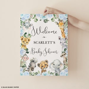 Blue Floral Safari Welcome Sign, Jungle Baby Shower Decorations, Wild Animals Birthday Printable Poster Download EDITABLE TEMPLATE, JUN19