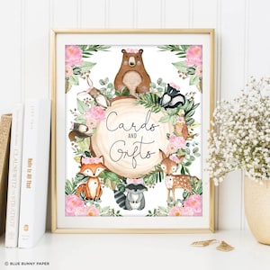 Boskaarten en geschenken teken, bosdieren baby shower decoraties, roze bloemen 1e verjaardag partij afdrukbare decor downloaden, WOOD25
