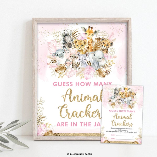 Guess How Many Animals Crackers Game Sign, Blush Safari Baby Shower Game, Tropical Boho Wild Animals Printable INSTANT DOWNLOAD, JUN17P
