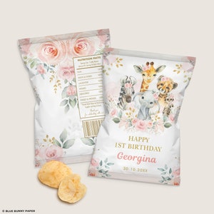 Bearbeitbare Mädchen-Safari-Chip-Tasche, Boho Jungle Wild One 1. Geburtstagsparty-Gastgeschenke, Blush Floral Babyparty, druckbarer SOFORT-DOWNLOAD, SAF8