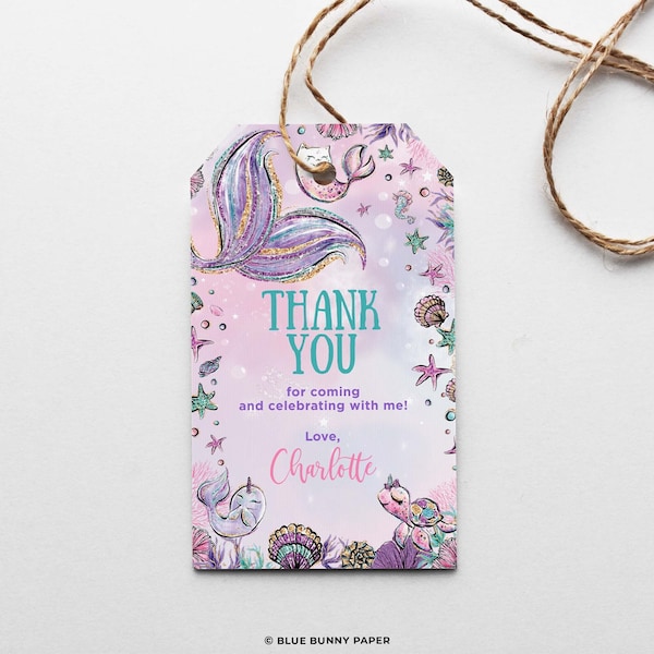 EDITABLE Mermaid Favor Tag Template, Under the Sea Birthday, Baby Shower Thank You Tag, Sea Turtle Starfish Narwhal Printable Download, MER8