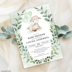 Invitación de baby shower de cordero, invitación de oveja bebé, animales de granja de corona de eucalipto verde, bebé de Pascua de género neutro, PLANTILLA EDITABLE, GR7