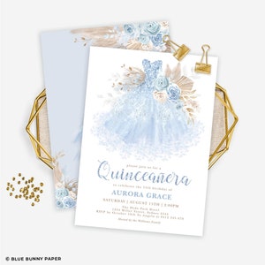 May include: A blue and white Quincea&ntilde;era invitation with a watercolor illustration of a blue dress with gold glitter and floral accents. The text reads "Please join us for a Quincea&ntilde;era to celebrate the 15th birthday of AURORA GRACE Saturday | August 15th | 2:00PM The Hyde Park Hotel 1234 Miller Street, Sydney 2345 RSVP by October 10th To Angela at 0412 345 678 Hosted by the Williams Family"