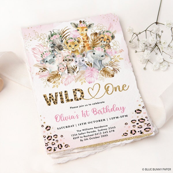 Girl Wild One 1st Birthday Invitation, Boho Safari Animals Party Invite, Blush Pink Tropical Leaves Printable EDITABLE TEMPLATE, JUN17P