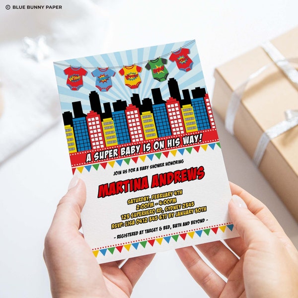 Superhero Baby Shower Invitation, Super Baby Boy Invite, Super Hero Comic Digital Printable EDITABLE TEMPLATE Instant Download, SUPER1