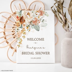 Rústico boho floral chá de panela sinal de boas-vindas queimado flor laranja decoração de casamento outono flor jardim modelo editável para impressão flo5