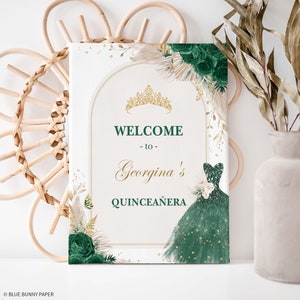 QUINCEAÑERA Signo de Bienvenida Verde Esmeralda Plantilla Editable Bosque Encantado Mis Quince Corona Decoración Fiesta de Cumpleaños 15 Descargar FLO14