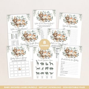 Eucalyptus Woodland Baby Shower Games Printable Forest Animals Greenery Baby Shower Games Bundle Printable Pack INSTANT DOWNLOAD FOR4